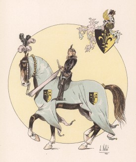 Франция, XIV век. Юный паж готовит боевого коня своего господина к участию в рыцарском турнире (из "Иллюстрированной истории верховой езды", изданной в Париже в 1891 году)