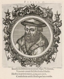 Леонард Фукс (1501--1566 гг.) -- один из отцов современной ботаники (лист 37 иллюстраций к известной работе Medicorum philosophorumque icones ex bibliotheca Johannis Sambuci, изданной в Антверпене в 1603 году)