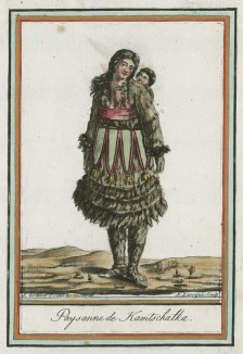 Камчатские мать и дитя середины XVIII века (иллюстрация к работе Costumes civils actuels de tous les peuples..., изданной в Париже в 1788 году)