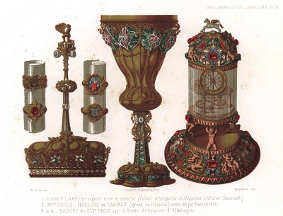 Серебряная чаша 1463 года, выполненная в серебре и эмали, кабинетные часы и серебряные кольца для салфеток от Ганса Милиха (1516 - 1573) (из Les arts somptuaires... Париж. 1858 год)