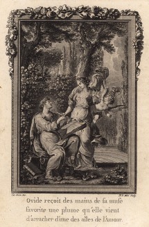 Овидий получает перо из рук любимой музы (гравюра из первого тома знаменитой поэмы "Метаморфозы" древнеримского поэта Публия Овидия Назона. Париж, 1767 год)
