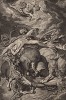 Зевс поражает перуном Фаэтона, сильно приблизившегося к земле на солнечной колеснице (гравюра из первого тома знаменитой поэмы "Метаморфозы" древнеримского поэта Публия Овидия Назона. Париж, 1767 год)