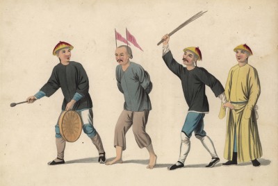 Битьё заключённого розгами по пути в китайскую тюрьму (лист 3 устрашающей работы "Китайские наказания", изданной в Лондоне в 1801 году)