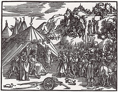 Юдифь перед шатром Олоферна. Иллюстрация из двухтомного издания Der Beschlossen Gart des Rosenkrantz Mariae, изданного в Нюрнберге в 1505 году. Мастерская Альбрехта Дюрера