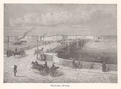 Санкт-Петербург. Благовещенский мост (ранее также Николаевский мост). Ксилография из издания "Voyages and Travels", Бостон, 1887 год