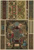 Французские фрески, узоры гобеленов и крашеные деревянные скульптуры эпохи Возрождения (лист 65 альбома "Сокровищница орнаментов...", изданного в Штутгарте в 1889 году)