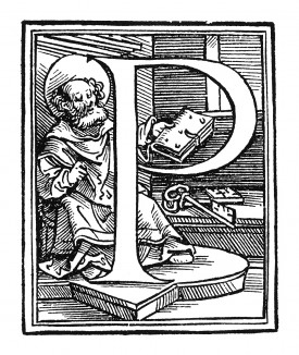 Инициал (буквица) P. Исполнил Ганс Бургкмайр для Martin Luther / Neues Testament. Издал Сильван Отмар, Аугсбург, 1523.