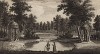 Живописный вид на два храма из ракушек в садах Стоу в Бэкингемшире (из A New Display Of The Beauties Of England... Лондон. 1776 год. Том 1. Лист 279)