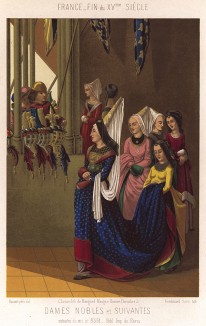 Французские знатные дамы и их горничные демонстрируют свою красоту городским зевакам (из Les arts somptuaires... Париж. 1858 год)