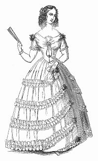 Воздушное бальное платье, сшитое из тарлатана с жёстко прокрахмаленной кисеей, украшенное рюшами из того же материала -- парижская мода, июнь 1844 года (The Illustrated London News №109 от 01/05/1844 г.)