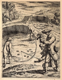 Один из способов ловли птиц, например куропаток, с соколом, сетями и верёвками. Из первого (1622 г.) издания работы итальянского философа и натуралиста Джованни Пьетро Олины (1585-1645)