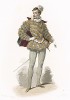 Моды в эпоху Генриха III. Костюм дворянина: расшитый колет, короткий плащик с откидным воротником.