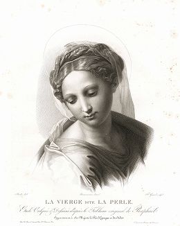 Дева Мария с картины "Святое семейство" (Ла Перла) работы Рафаэля. Лист из издания "Suite d'etudes calquees et dessinees d'apres cinq tableaux de Raphael ...", Париж, 1818. 