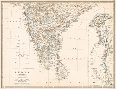 Карта Индии. India (southern sheet) из The Royal Atlas оf Modern Geography Exhibiting, in a Series of Entirely Original and Authentic Maps... Картограф Александр Кейт Джонстон. Лондон, 1893