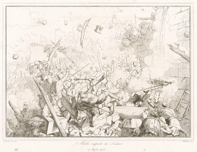 27 июля 1478 года. 80-тысячная турецкая армия под командованием Сулейман-Паши терпит поражение от венецианцев под стенами города Шкодер. Storia Veneta, л.88. Венеция, 1864