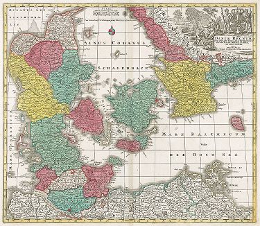 Карта королевства Дании, Шлезвиг-Гольштейна и части Швеции. Daniae Regnum cum Ducatu Holsatiae et Slesvici. 
