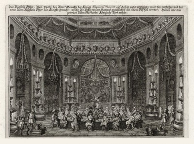 Пир царя Артаксеркса (из Biblisches Engel- und Kunstwerk -- шедевра германского барокко. Гравировал неподражаемый Иоганн Ульрих Краусс в Аугсбурге в 1700 году)