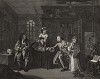 Модный брак, гравюра 3. «Визит к шарлатану», 1745. Граф приводит к врачу свою юную любовницу. У мужчины на шее сифилитическое пятно, в левой руке - коробка с таблетками, которые не подействовали. В правой руке он угрожающе сжимает палку. Геттинген, 1854