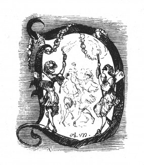 Инициал (буквица) D, предваряющий главу "Помолвка" книги Франца Кюглера "История Фридриха Великого". Рисовал Адольф Менцель. Лейпциг, 1842