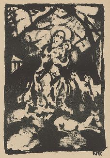 Мадонна с оленями. Литография Эрики Кюнзих из издания Junge Berliner Kunst, Берлин, 1919 год. 