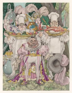 Банкетные блюда. Иллюстрация Умберто Брунеллески к сказке Шарля Перро. Париж, 1946 год