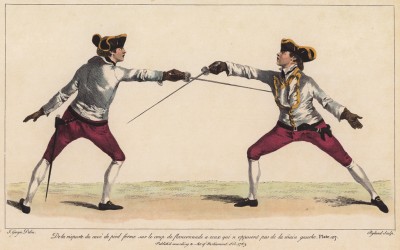 Ответный удар с выставлением руки на удар лезвием клинка против того, кто не выставляет левую руку (лист 27 знаменитого учебника по фехтованию Доменико Анджело, изданного в 1763 году в Лондоне). Репринт 1968 года.