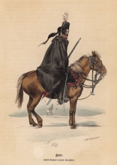 Чёрные гусары в зимнем дозоре (иллюстрация Адольфа Менцеля к известной работе Эдуарда Ланге "Солдаты Фридриха Великого", изданной в Лейпциге в 1853 году)