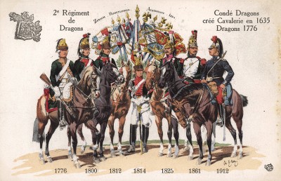 1776-1912 гг. Мундиры и знамена 2-го драгунского полка французской армии, сформированного в 1635 г. и сражавшегося при Цюрихе, Аустерлице, Гогенлиндене и Йене. Коллекция Роберта фон Арнольди. Германия, 1911-29