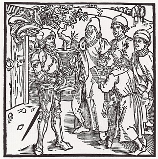 Рыцарь повелевает двум писарям и двум священникам сделать книгу по этим образцам (титульный лист книги "Рыцарь Башни", гравированный Дюрером в 1493 году)
