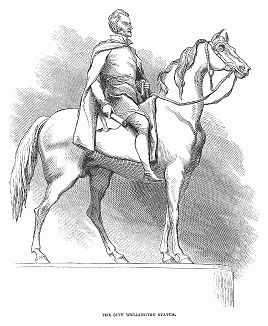 Статуя Сэра Артура Уэлсли, первого герцога Веллингтона (1769 -- 1852) -- государственного деятеля, участника Наполеоновских войн, победителя при Ватерлоо, установленная в 1844 году в Лондонском Сити (The Illustrated London News №112 от 22/06/1844 г.)