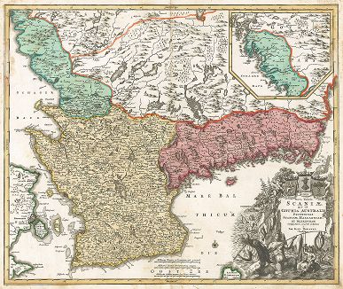 Карта Швеции. Nova Tabula Scaniae, que est Gothia Australis Provincias Scaniam, Hallandiam et Blekingiam.