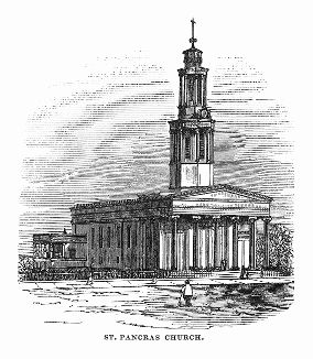 Церковь Сент-Панкрас с колоннадой ионического ордера, ставшая одной из наиболее знаменательных построек Лондона XIX века, сооружённая в 1822 году архитектором Генри Уильямом Инвудом (1794 -- 1843 гг.) (The Illustrated London News №94 от 17/02/1844 г.)
