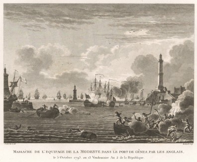 Резня на корабле «Модест», учиненная англичанами в Генуе. 5 окт. 1793 г. французский фрегат «Модест», просивший убежища в генуэзском порту, неожиданно атакован английской эскадрой и потоплен. Часть экипажа убита, другие взяты в плен. Париж, 1804