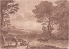 Ангел и речное чудовище. Лист 160 из серии сепийных меццотинт "Liber Veritatis" (Книга Истины) известного английского гравёра Ричарда Ирлома по рисункам французского живописца Клода Лоррена из коллекции герцога Девонширского, Лондон, 1774-1777 годы