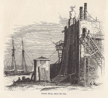 Река Детройт-ривер выше по течению города Детройт, штат Мичиган. Лист из издания "Picturesque America", т.I, Нью-Йорк, 1872.