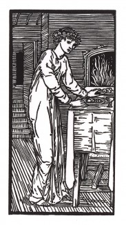 Психея возле стола. Иллюстрация Эдварда Коли Бёрн-Джонса к поэме Уильяма Морриса «История Купидона и Психеи». Лондон, 1890-е гг.