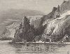 Скала Рустер-рок на берегу реки Коламбиа-ривер, штат Орегон. Лист из издания "Picturesque America", т.I, Нью-Йорк, 1872.