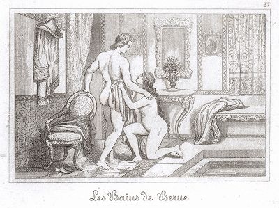 Любовники, совместно принимающие ванну. Галантная французская гравюра второй половины XVIII века. 