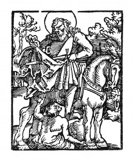 Святой Мартин Турский, отдающий свой плащ нищему. Ганс Бальдунг Грин. Иллюстрация к Hortulus Animae. Издал Martin Flach. Страсбург, 1512