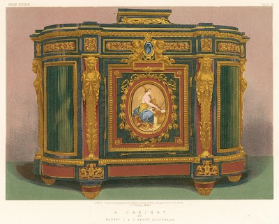 Платяной шкаф в стиле Людовика XVI от J.&T.Scott из чёрного и розового дерева, украшенный бронзовыми панелями. Каталог Всемирной выставки в Лондоне 1862 года, т.2, л.191