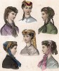Дамские головные уборы. Из парижского журнала La mode illustrée, 1868 год