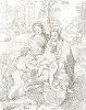"Святое семейство" (Ла Перла) работы Рафаэля. Лист из издания "Suite d'etudes calquees et dessinees d'apres cinq tableaux de Raphael ...", Париж, 1818. 