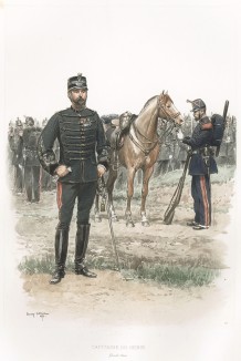 Капитан и солдат инженерных войск французской армии в парадной форме образца 1886 года (из Types et uniformes. L'armée françáise par Éduard Detaille. Париж. 1889 год)