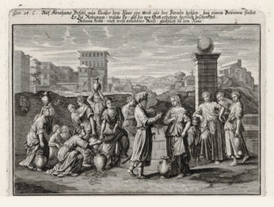 Елеазар и Ревекка (из Biblisches Engel- und Kunstwerk -- шедевра германского барокко. Гравировал неподражаемый Иоганн Ульрих Краусс в Аугсбурге в 1700 году)