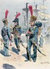 Офицер, трубач и квартирмейстер гвардейской морской пехоты в парадной форме (иллюстрация к работе "Императоская Гвардия в 1804--1815 гг." Париж. 1901 год. (экземпляр № 303 из 606 принадлежал голландскому генералу H. J. Sharp (1874 -- 1957))