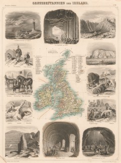 Карта Великобритании и Ирландии, а также 12 картушей, гравированных на стали в 1862 году, с изображениями жителей, животных, пейзажей и памятных мест Британских островов. Illustriter Handatlas F.A.Brockhaus.Лист 12. Лейпциг, 1863