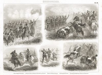 Боевые действия армии: штыковая атака австрийской армии (рис.1), схватка австрийских уланов с прусской пехотой (2), фланкирующие прусские драгуны (3),  оборона прусской армии (4) и схватка прусских и французских кирасиров (5). 
