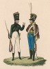 Прусские: гусар (справа) и стрелок Силезской бригады лёгкой пехоты в 1810-е гг. (из редкой работы "Европейский военный костюм...", изданной в Лондоне в разгар наполеоновских войн)