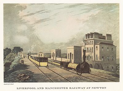 Железная дорога Ливерпуль-Манчестер в Ньютоне. С акватинты Роберта Хавелла из издания "Кареты и поезда". Лондон, 1965 г.