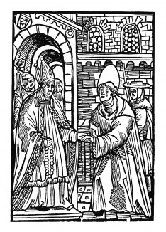 Прием Святого Вольфганга в Пассау. Из "Жития Святого Вольфганга" (Das Leben S. Wolfgangs) неизвестного немецкого мастера. Издал Johann Weyssenburger, Ландсхут, 1515